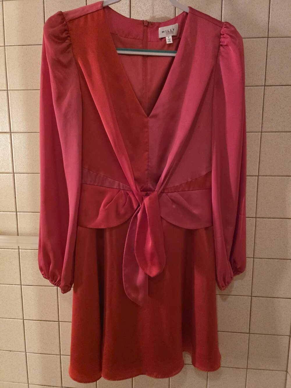Milly Hot Pink Tie-Front V-Neck Long Sleeve Dress